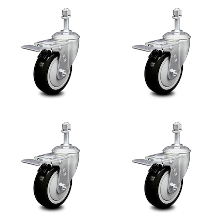 Service Caster 4 Inch Black Polyurethane Swivel 10mm Stem Caster Set with Total Lock Brake SCC-TSTTL20S414-PPUB-BLK-M1015-4